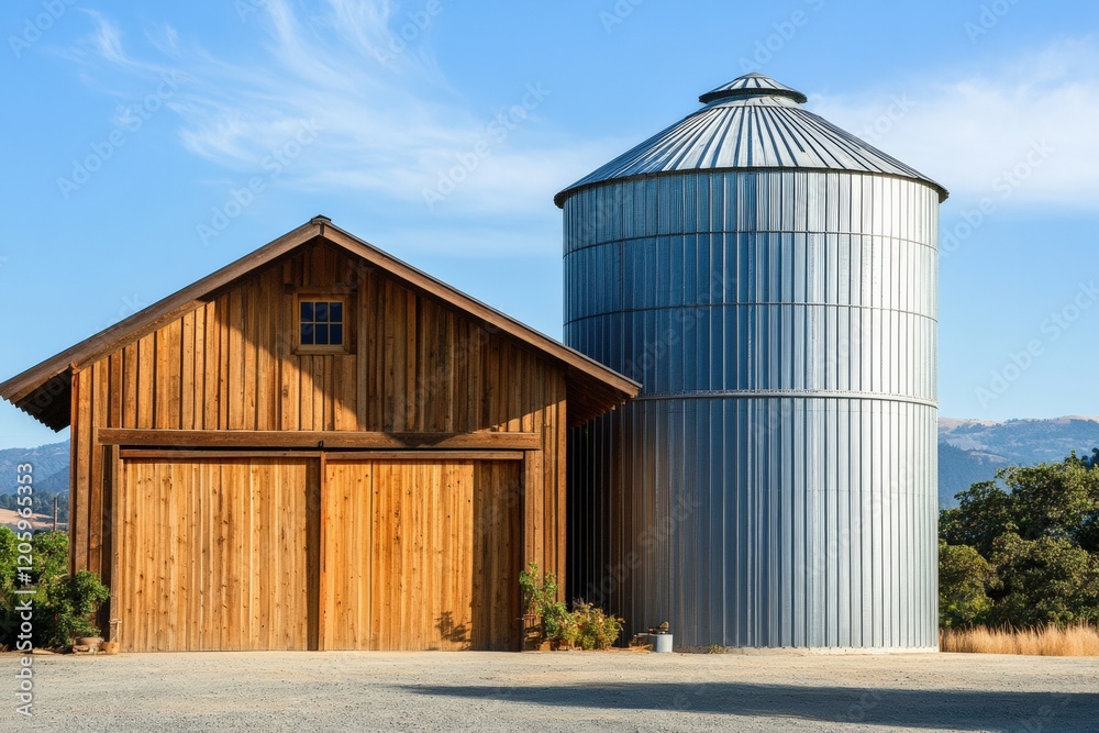 A large silo standing next to a wooden barn. A large silo standing next to a wooden barn.