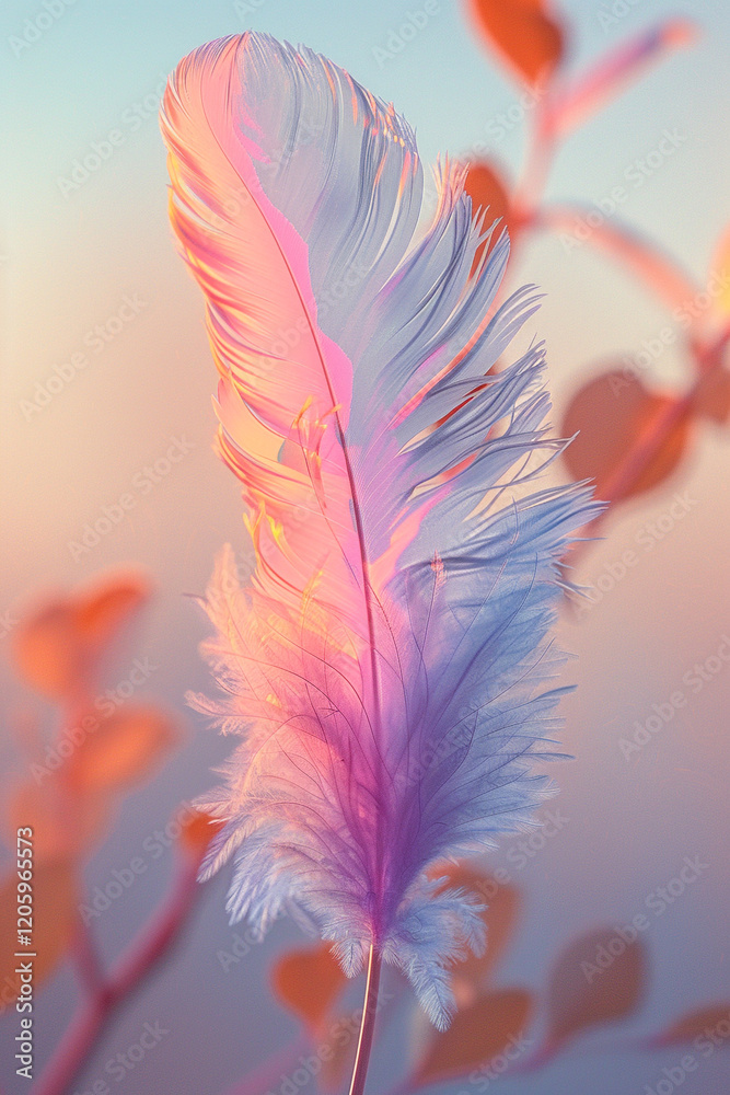 Naklejka premium Delicate Feather in Soft Pastel Hues at Sunrise