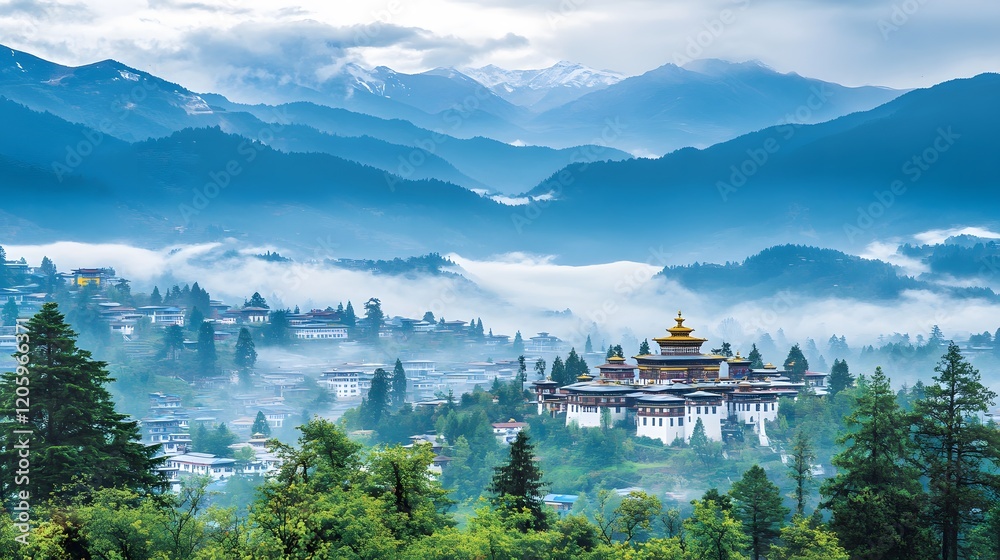 Fototapeta premium Majestic Mountain Monastery Village Scenic View