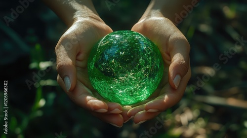 Hands holding a green crystal globe symbolizing sustainable living and eco-friendly business practices