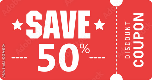 Coupon tickets with half price discount on red background. Vector illustration.