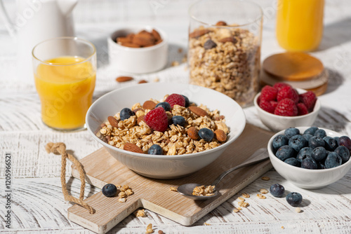 breakfast with homemade granola with nuts and berries