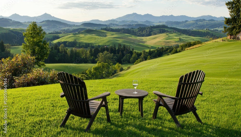 Relaxing outdoor setup with chairs and table scenic mountain view nature landscape peaceful environment daytime Relaxing outdoor setup with chairs and table scenic mountain view nature landscape peaceful environment daytime