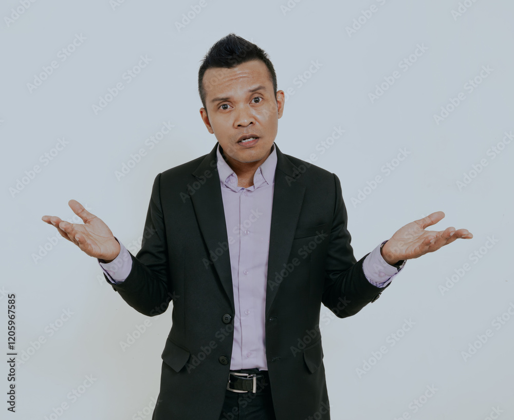 Asian businessman wearing black suit showing confused gesture isolated on white background. Asian businessman wearing black suit showing confused gesture isolated on white background.