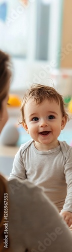 A joyful baby smiles at a caregiver in a bright, playful environment. photo