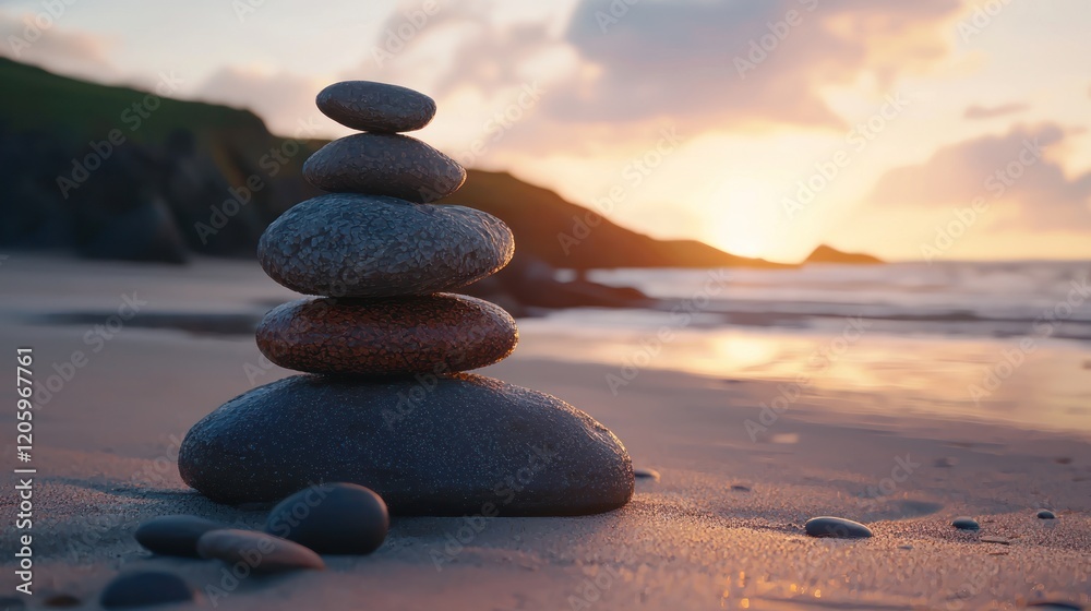 Serene Sunset Beachscape: Balanced Rocks at Golden Hour Serene Sunset Beachscape: Balanced Rocks at Golden Hour
