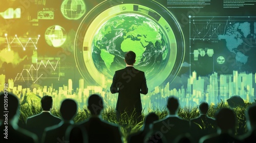 A corporate leader addressing employees about the importance of reducing carbon footprints, with key sustainability metrics and goals displayed on a digital board in the background