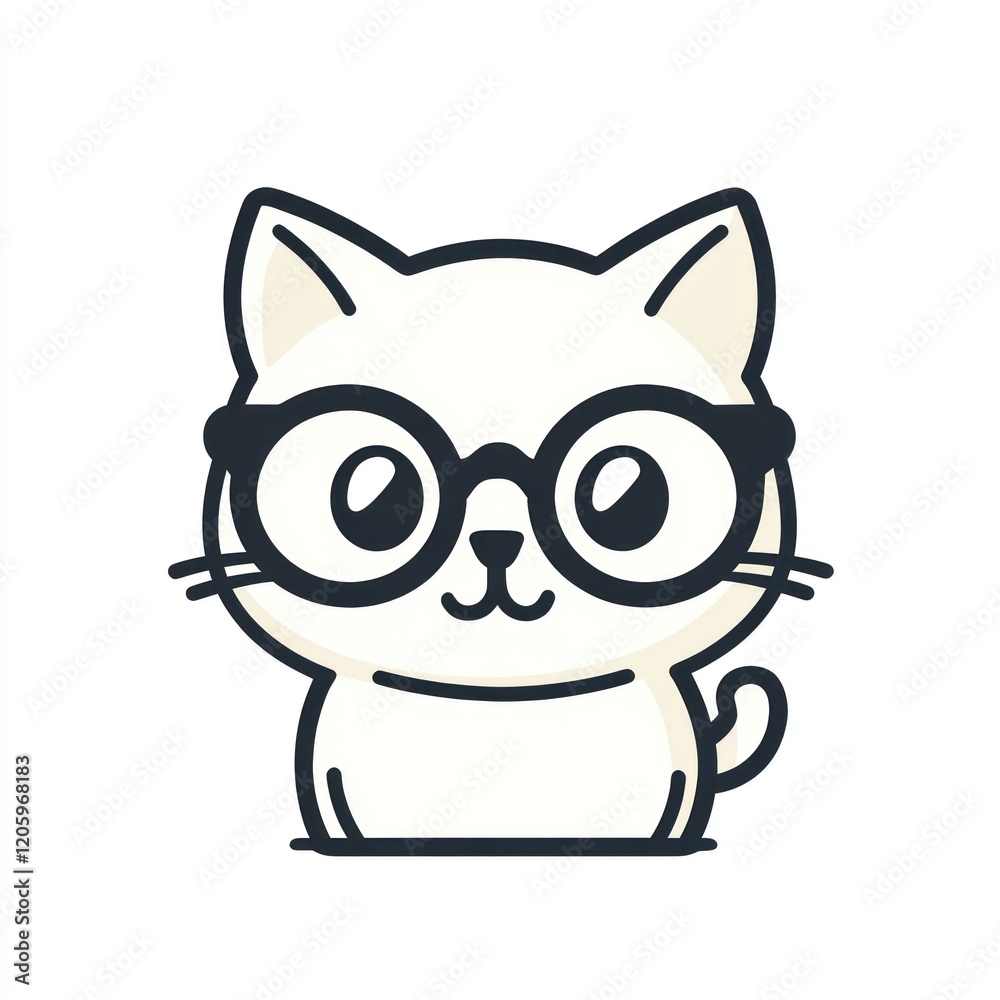 Obraz premium Cute cat wearing glasses, white background, cartoon illustration, children's book