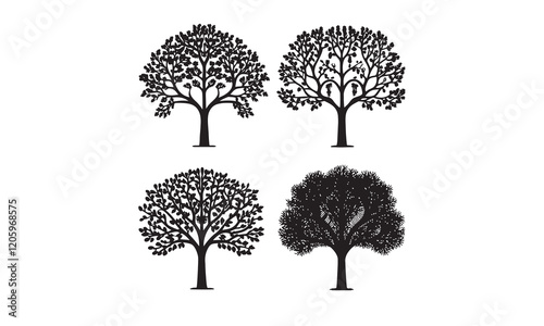 silhouette tree line drawing set, Side view, set of graphics trees elements