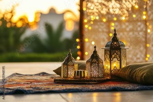 Cozy Ramadan gathering with warm lanterns, festive colors, and a serene sunset backdrop creating a joyful family atmosphere