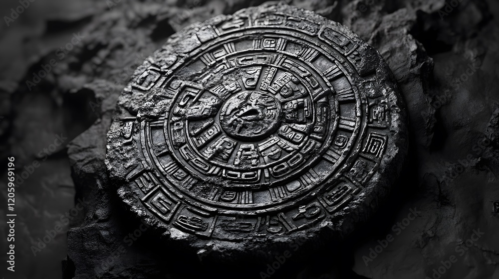 Obraz premium Ancient Stone Disc Carving Depicts Intricate Mayan Glyphs