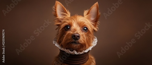 A portrait of a stylish dog wearing a ruffled collar against a warm backdrop. photo