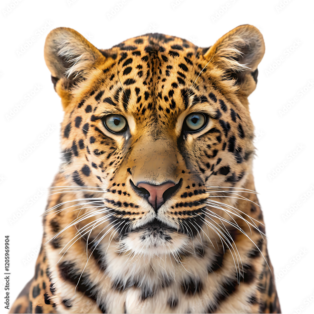 Fototapeta premium Majestic Amur Leopard: Wild Beauty, Isolated on White. Perfect for wildlife documentaries, 
