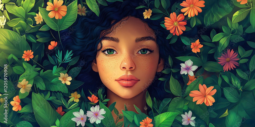 A portrait of a woman standing in the center of a blooming garden, her face glowing with happiness and inspiration, surrounded by numerous flowers and greenery, symbolizing feminine harmony A portrait of a woman standing in the center of a blooming garden, her face glowing with happiness and inspiration, surrounded by numerous flowers and greenery, symbolizing feminine harmony