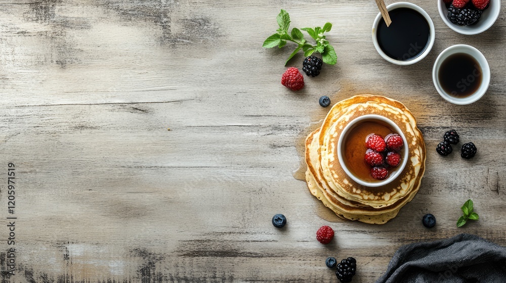 Delicious Pancakes Topped With Berries And Syrup Delicious Pancakes Topped With Berries And Syrup