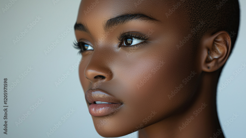 Naklejka premium Close-up portrait of a beautiful young Black woman. Her radiant skin and captivating gaze create a stunning image, perfect for beauty, fashion, or editorial use.
