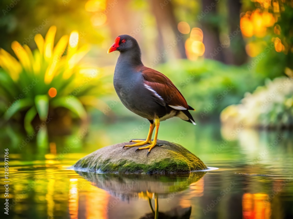 Galapagos Moorhen Perched on Rock in Pond - Wildlife Photography Galapagos Moorhen Perched on Rock in Pond - Wildlife Photography