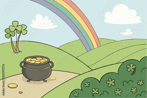 Pot of gold, rainbow, vibrant landscape, rolling green hills, fluffy white clouds, blue sky, golden coins, four-leaf clovers, magical atmosphere