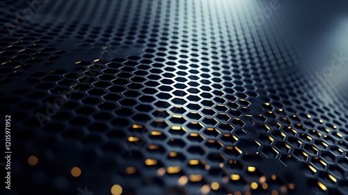 Abstract black metal grid with golden light glowing through the hexagonal pattern