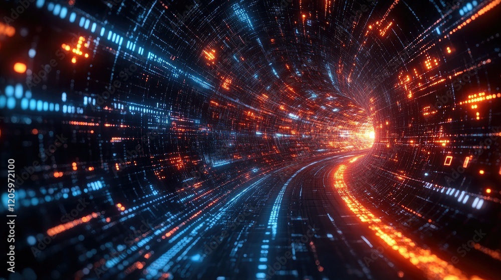 A digital tunnel with glowing blue and orange data streams, suggesting speed and technology. A digital tunnel with glowing blue and orange data streams, suggesting speed and technology.