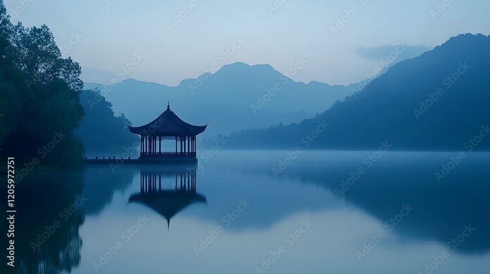 Fototapeta premium Serene Pavilion Reflecting on Misty Mountain Lake