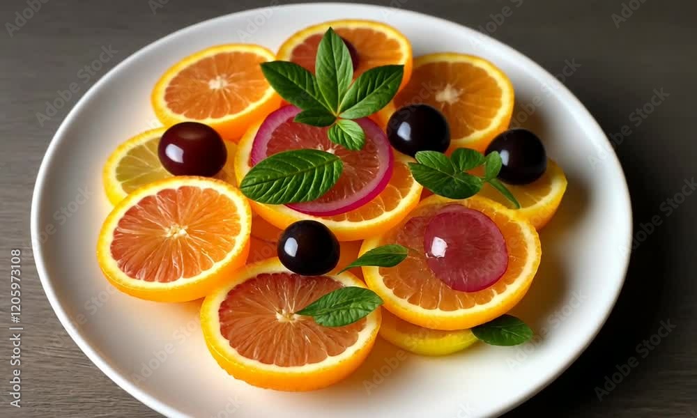 Freshly sliced citrus fruits arranged on a white plate with mint leaves, showcasing vibrant colors Freshly sliced citrus fruits arranged on a white plate with mint leaves, showcasing vibrant colors
