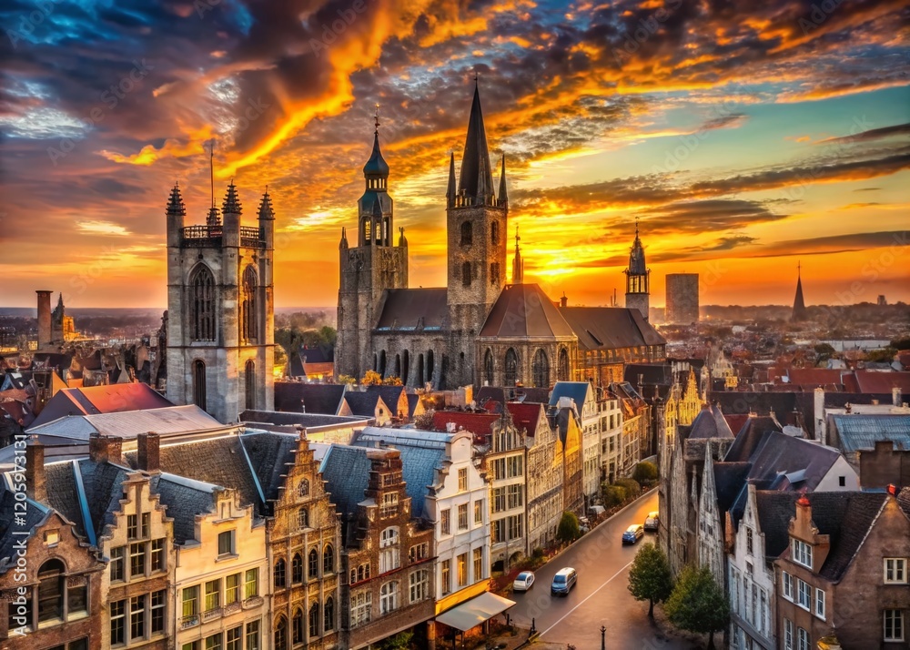 Fototapeta premium Ghent Sunset Cityscape: Saint Nicholas Church & Town Hall, Belgium