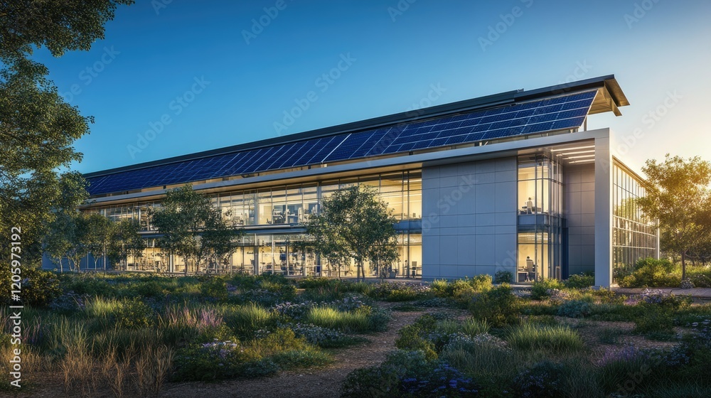 Modern Solar Powered Office Building Amidst Lush Greenery Modern Solar Powered Office Building Amidst Lush Greenery