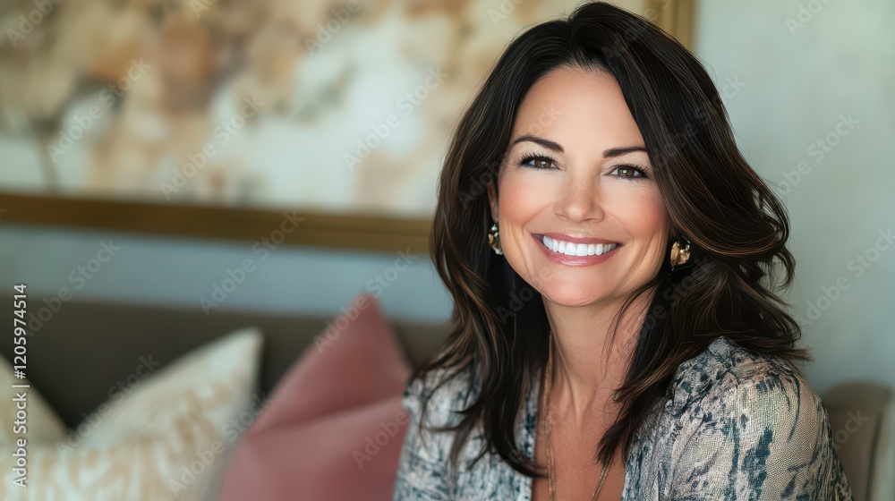 Smiling Woman in Cozy Indoor Setting Smiling Woman in Cozy Indoor Setting