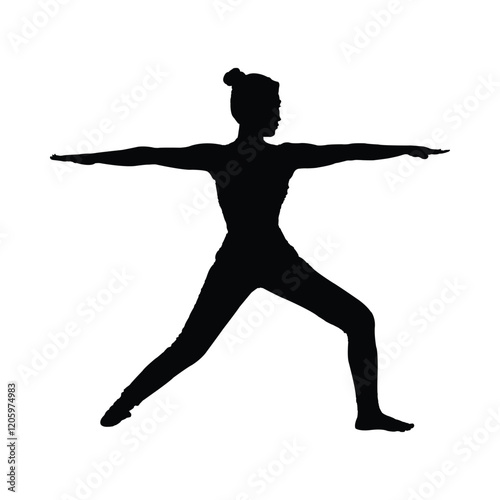 Silhouette of a woman practicing Warrior II yoga pose. Symbol of Yoga Icon, Yoga Logo, Yoga Silhouette, Yoga vector.
