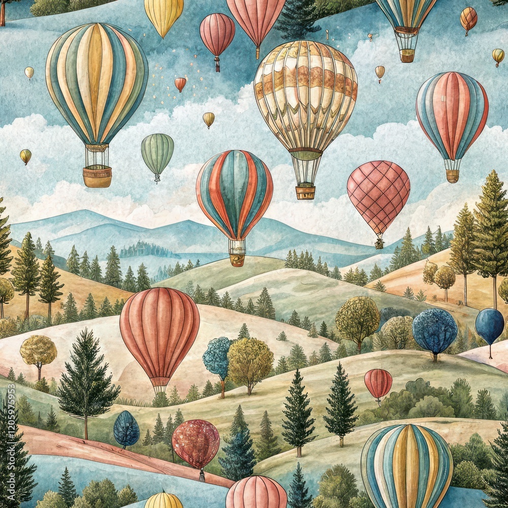 Obraz premium Watercolor Hot Air Balloons Floating Over Rolling Hills and Lush Green Landscape