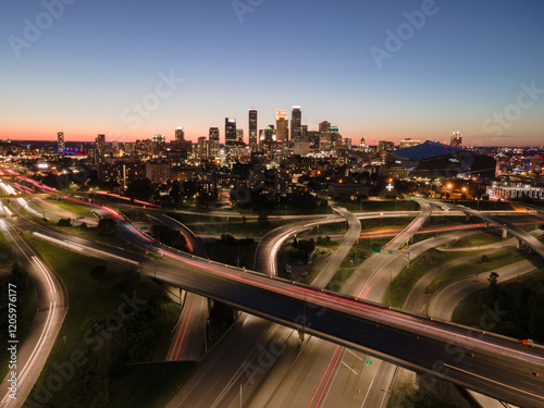Minneapolis skyline at dusk with light trails