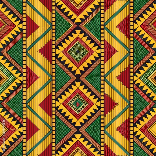 Vibrant African Geometric Textile Design Intricate Ethnic Pattern Yellow Red Green
