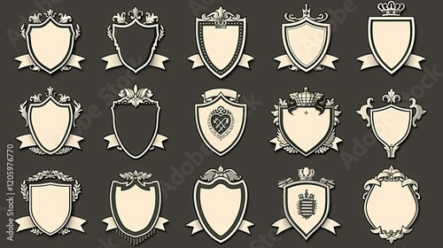 A collection of ornate shield designs with decorative elements and blank centers for customization.