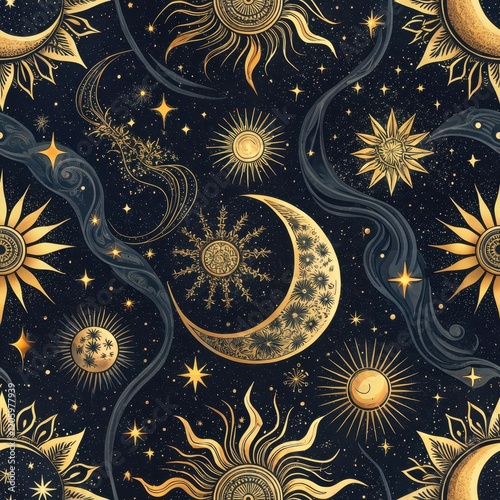 Celestial Gold Mystical Sun Moon Stars Seamless Pattern Design