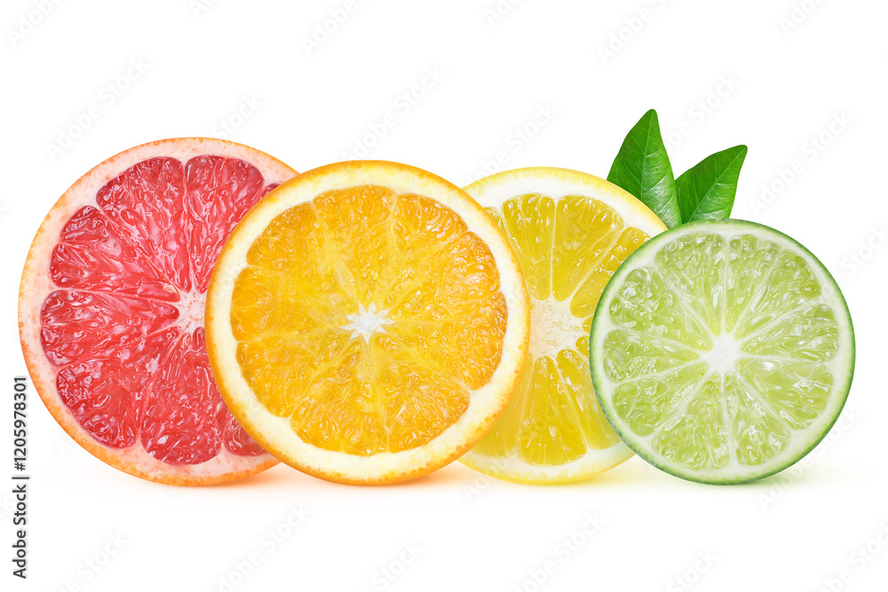 Citrus slices with leaves on isolated white background. Grapefruit, orange, lemon, lime. Citrus slices with leaves on isolated white background. Grapefruit, orange, lemon, lime.