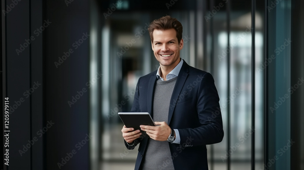 Smartly Dressed Professional Holding Tablet: Confident Leader in Modern Office Hallway with Natural Light Smartly Dressed Professional Holding Tablet: Confident Leader in Modern Office Hallway with Natural Light