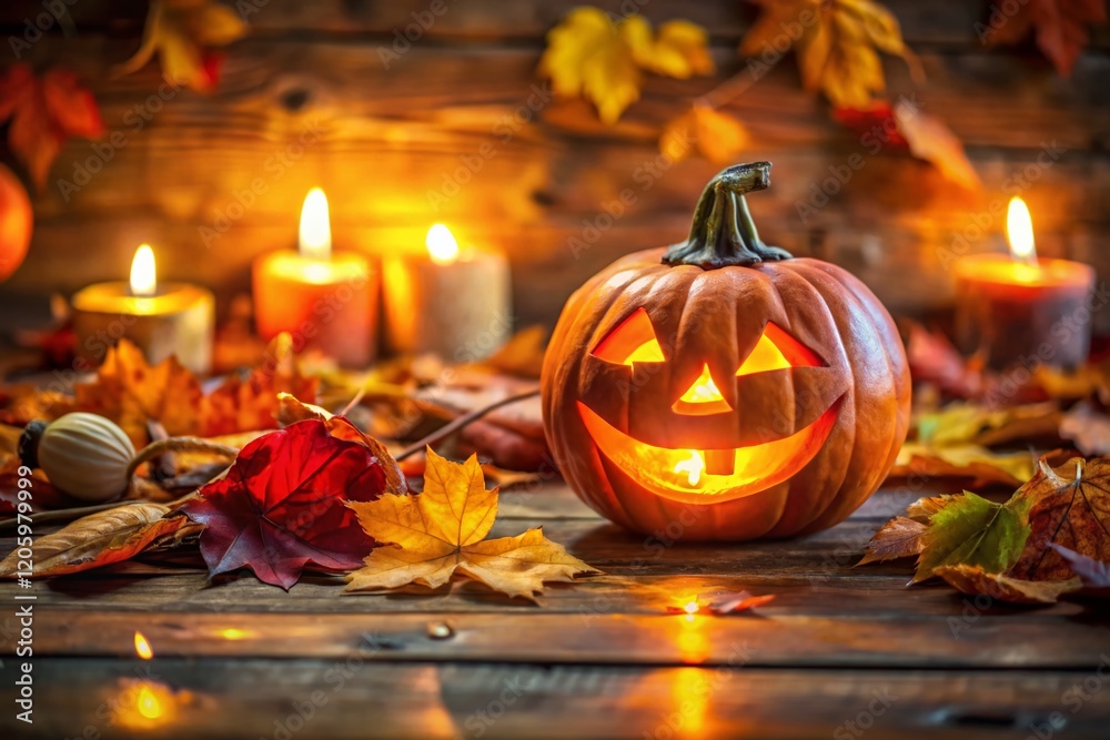 Glowing Jack-o'-Lantern Autumn Leaves Wooden Surface Candid Stock Photo Glowing Jack-o'-Lantern Autumn Leaves Wooden Surface Candid Stock Photo