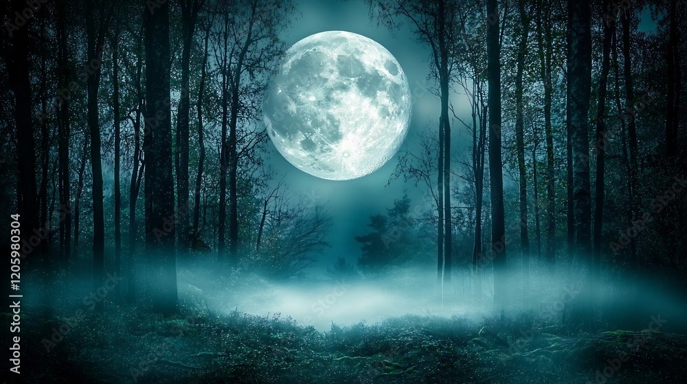 Mystical Moonlight Illuminates Eerie Forest Scene with Foggy Ground Mystical Moonlight Illuminates Eerie Forest Scene with Foggy Ground
