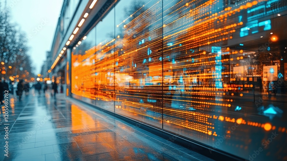 Obraz premium A futuristic cityscape with illuminated digital patterns reflecting on a glass facade.