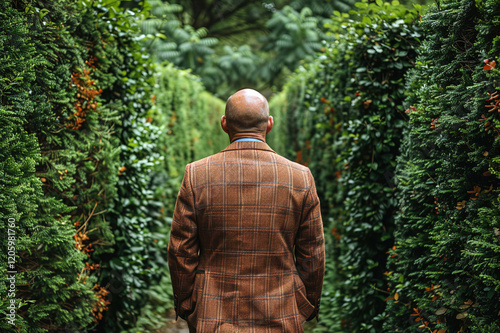 A businessman in casual attire stands alone, puzzled, inside a lush green hedge maze photo