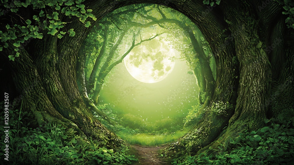 Fototapeta premium Magical moonlight path through an enchanted forest opening with a full moon glow