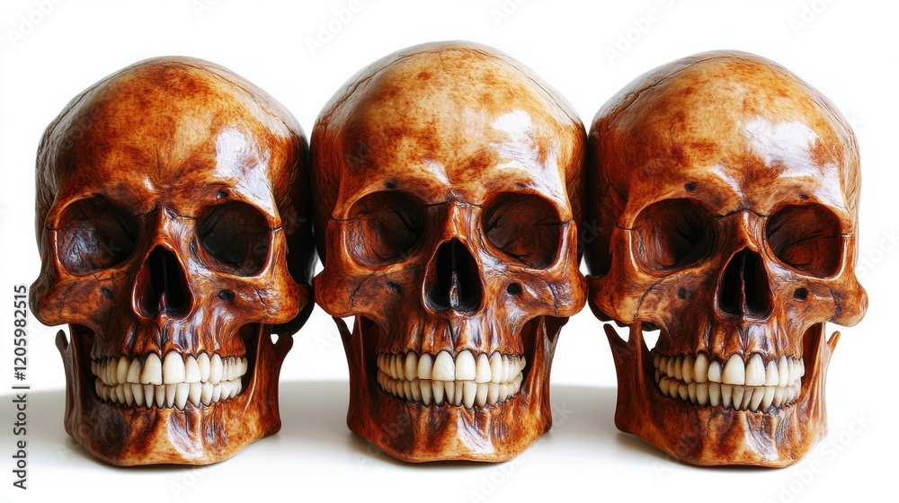 Three Realistic Decorative Skulls on a White Background Three Realistic Decorative Skulls on a White Background