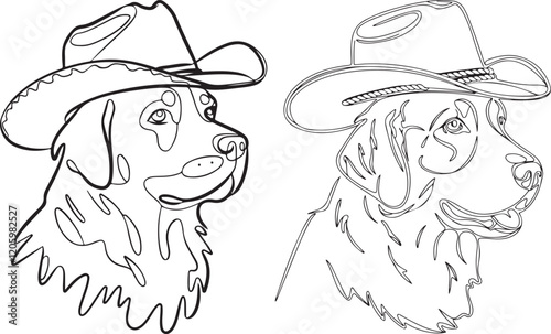 Golden Retriever in Cowboy Hat Line Art silhouette Illustration for Coloring | Line art drawing of a golden retriever dog wearing a cowboy hat, perfect for coloring books or creative projects.