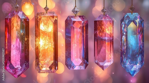 Five vibrant, faceted gemstone pendants hang against a bokeh background.  Each pendant displays unique internal color variations and glows. photo