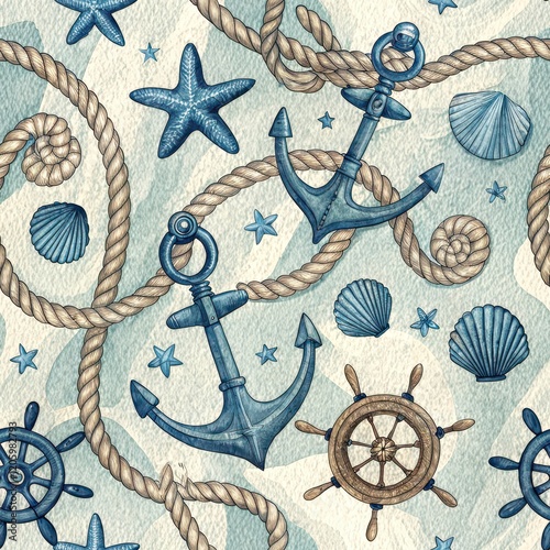 Nautical Seamless Pattern Anchors Ropes Shells and Ship Wheels Watercolor Design