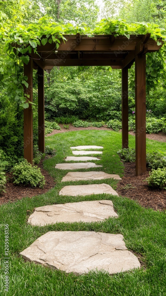 A serene garden pathway leads through lush greenery under a wooden arbor, creating a tranquil and inviting outdoor space. A serene garden pathway leads through lush greenery under a wooden arbor, creating a tranquil and inviting outdoor space.