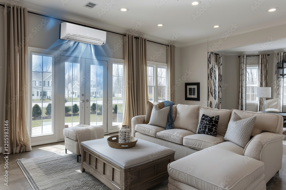 Fototapeta premium Modern living room with air conditioner running, curtains drawn, and remote placed on sofa