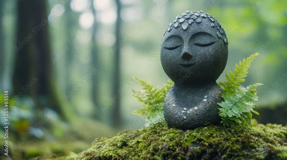 Obraz premium A serene soapstone figurine amidst ferns.