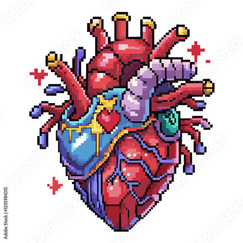 Pixel Art Cybernetic Heart with Futuristic Technology and Vivid Colors